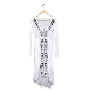 Lovestitch White Long Sleeve Tan Brown Floral Embroidered Flowy Maxi Dress M